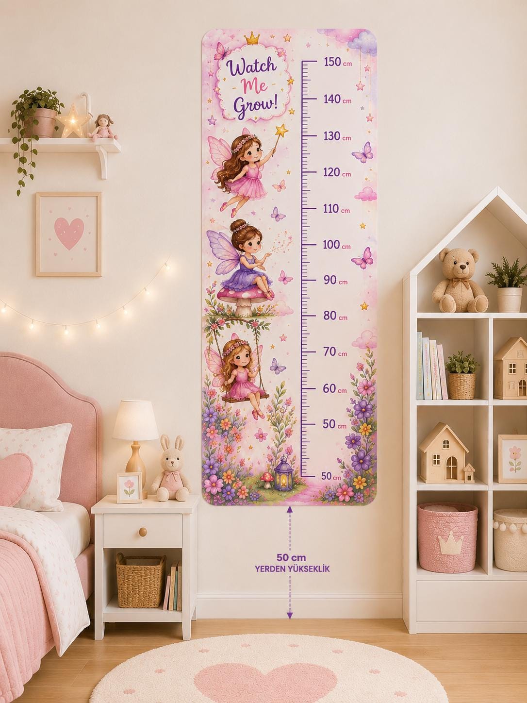 Personalized Fairy Height Chart Wall Decal – Magical Girls Nursery Growth Sticker