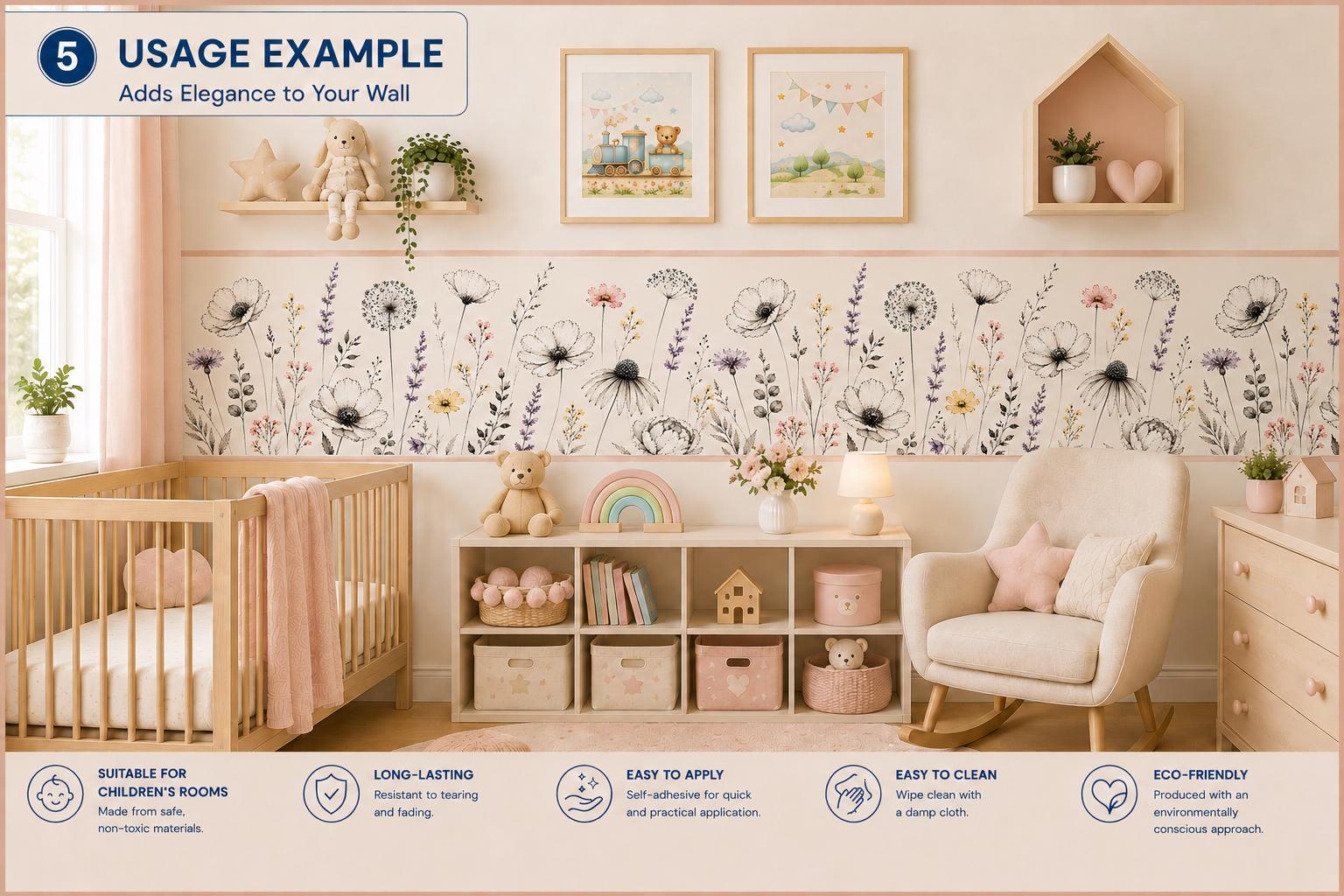 Wildflower Peel & Stick Wall Border, Botanical Nursery Decor, Girls Bedroom (Removable)