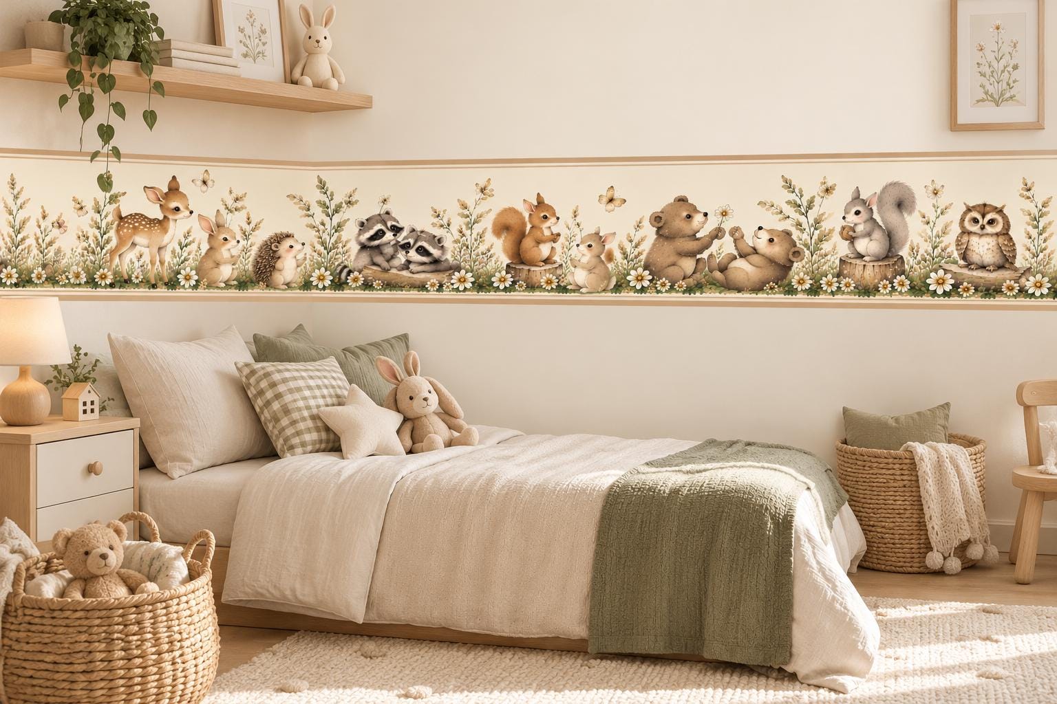 Woodland Animal Wallpaper Border, Peel and Stick Nursery Wall Decor, Forest Animals and Flowers, Beige Baby Room Border