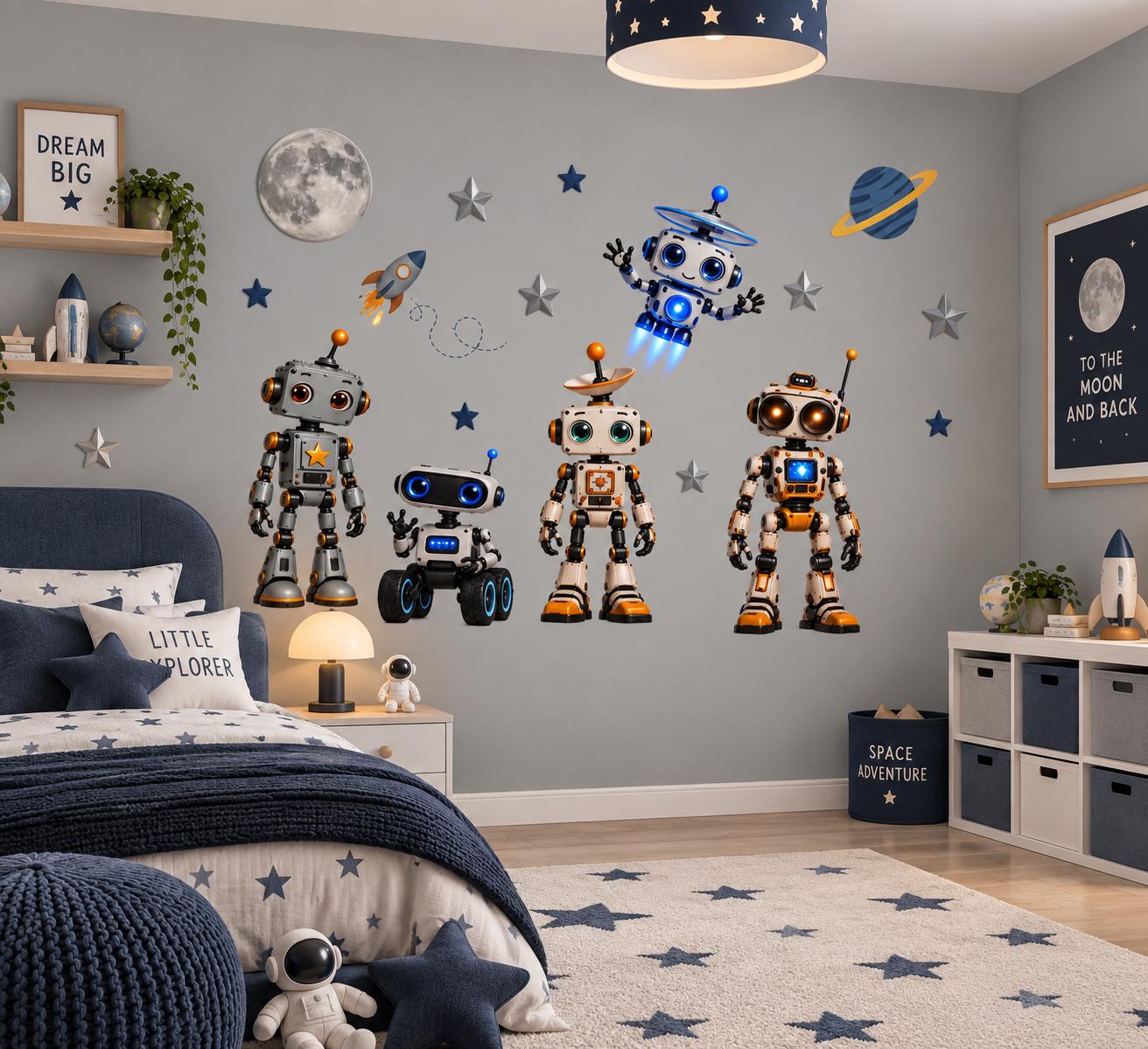 Robot Space Wall Decals, Kids Room Stickers, Playroom Decor (2 Sizes)