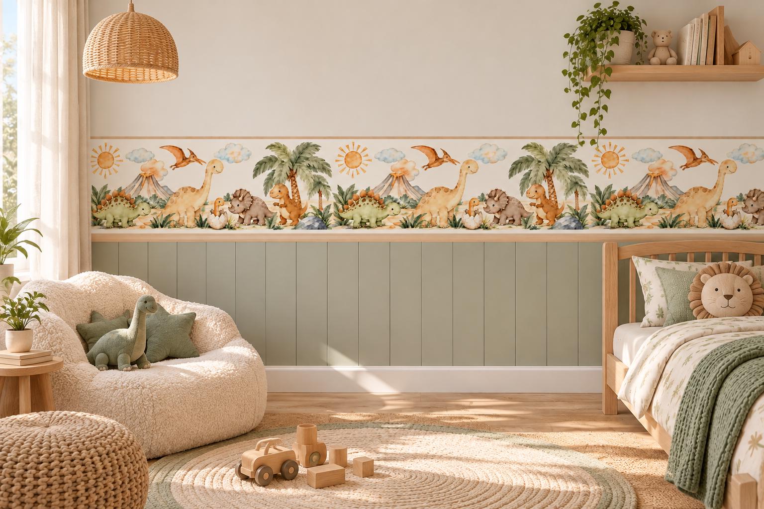 Dinosaur Peel and Stick Wallpaper Sticker Border, Watercolour Nursery Decor (Self Adhesive)