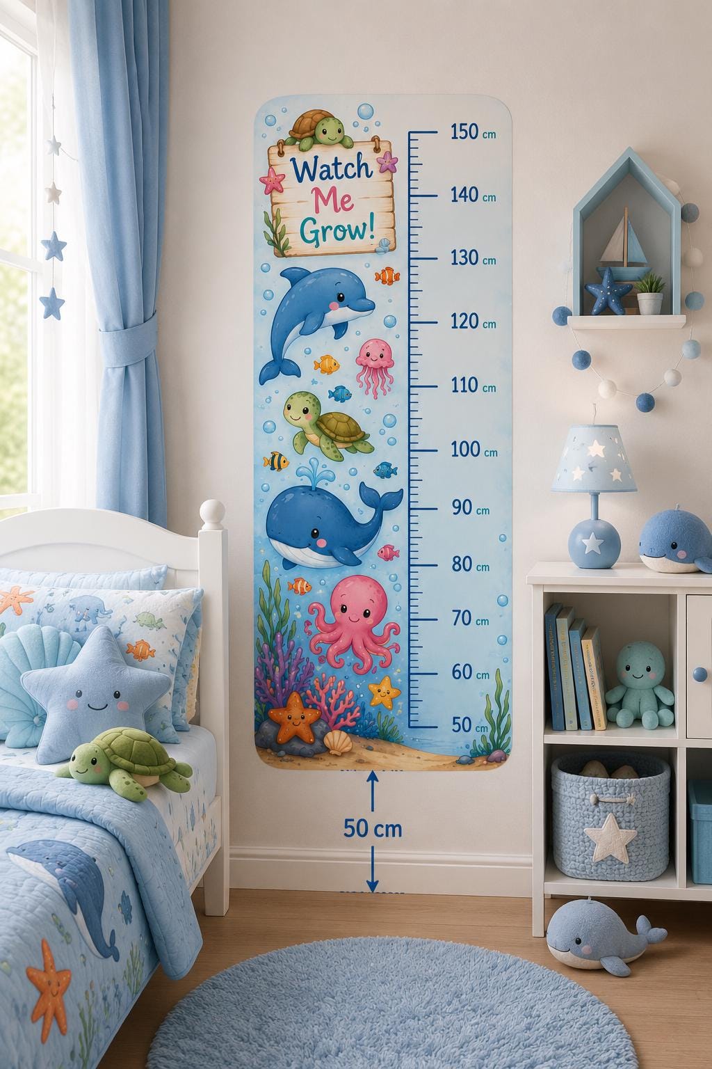 Personalized Ocean Animals Height Chart Sticker – Underwater Sea Life Growth Sticker (50-150cm)
