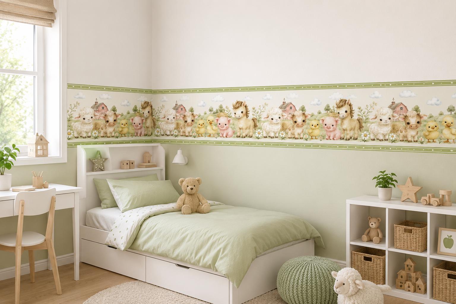 Farm Animals Nursery Wall Border Sticker, Watercolor Peel and Stick Kids Room Decor