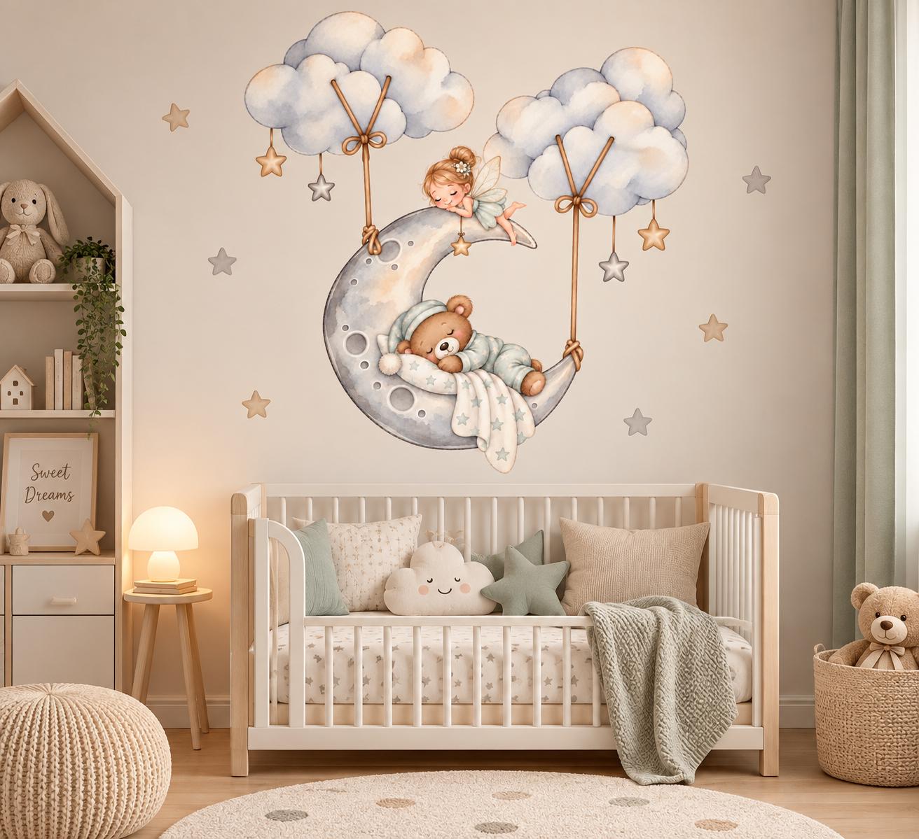 Sleeping Bear Moon Wall Decal Set, Fairy Nursery Decor (110x120 cm)