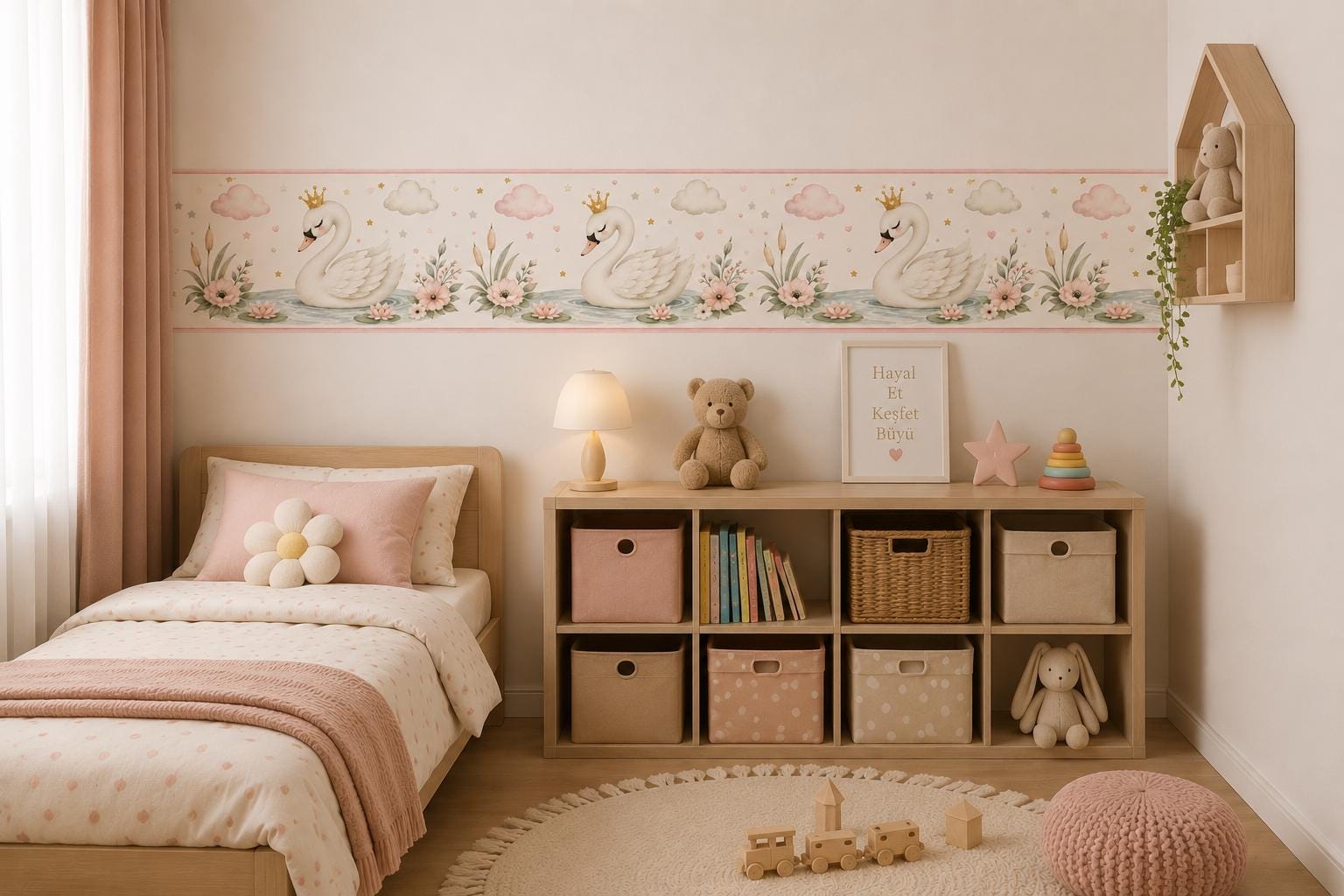 Swan Peel and Stick Wallpaper Sticker Border , Watercolor Floral Nursery Decor