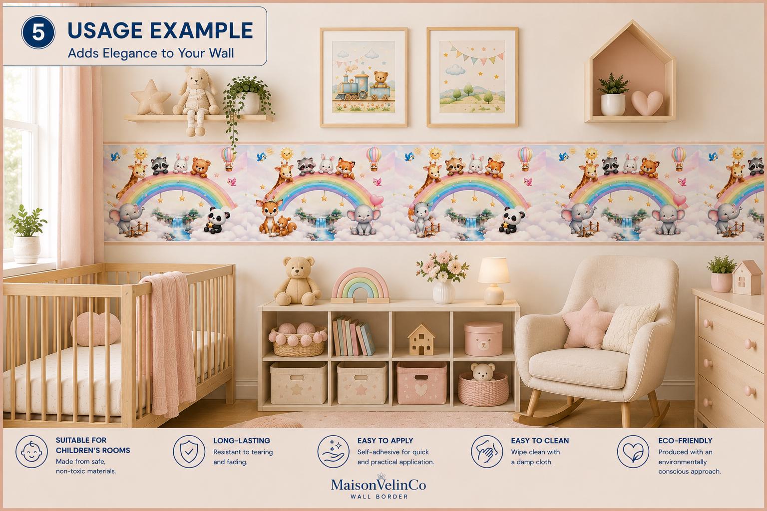Rainbow Animals Wall Border Decal, Pastel Nursery Wallpaper (Peel & Stick)