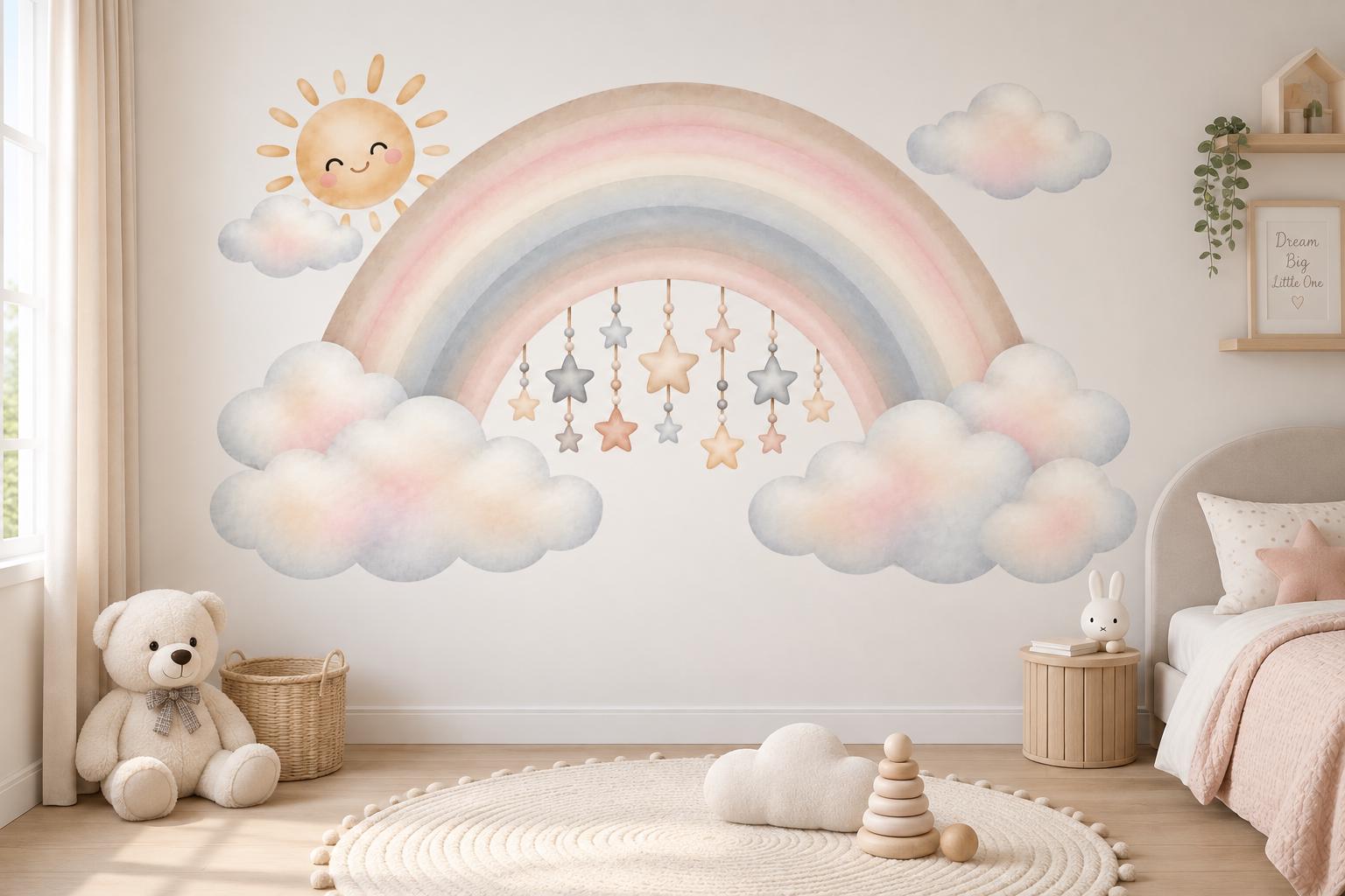 Pastel Rainbow Wall Sticker Set, Watercolor Clouds, Stars, Hearts, Boho Kids Room Decor