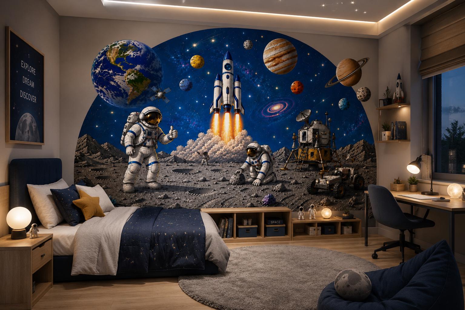 Space Wall Decal, Astronaut, Rocket, Planets, Galaxy Nursery Decor (Peel & Stick)