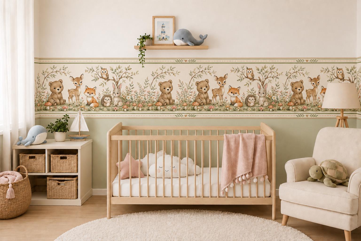 Woodland Animals Nursery Wall Border Sticker – Watercolor Peel and Stick Wallpaper (Kids Room Decor)