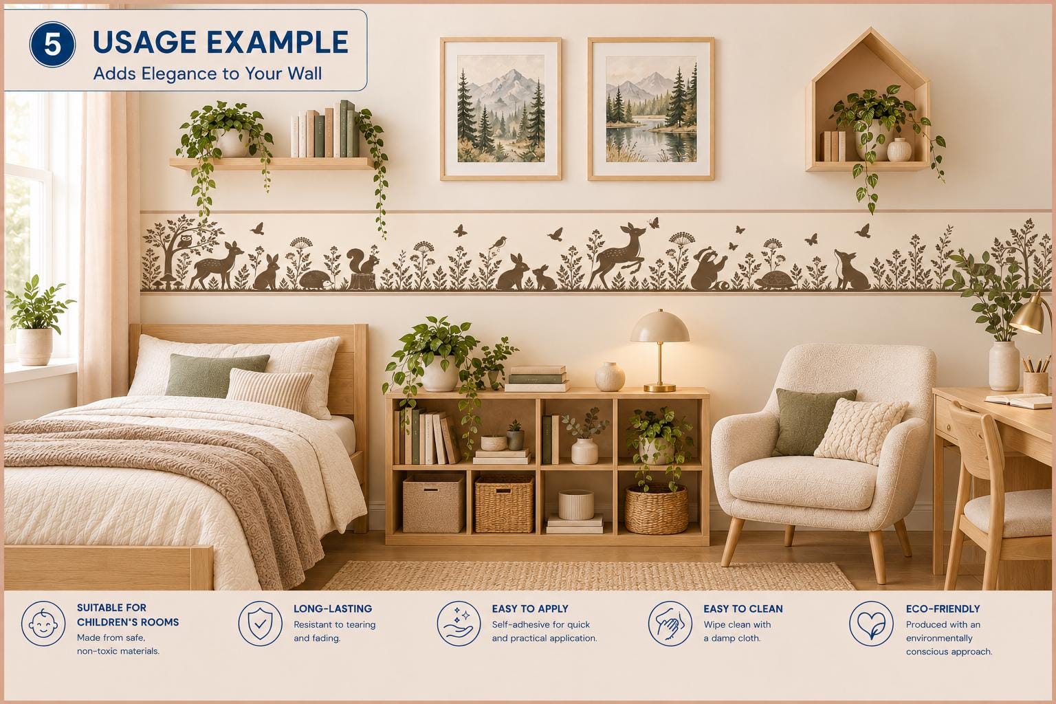 Sepia Woodland Wall Border, Peel and Stick Forest Wallpaper, Deer and Fox Nursery Decor, Vintage Kids Room Wall Decal