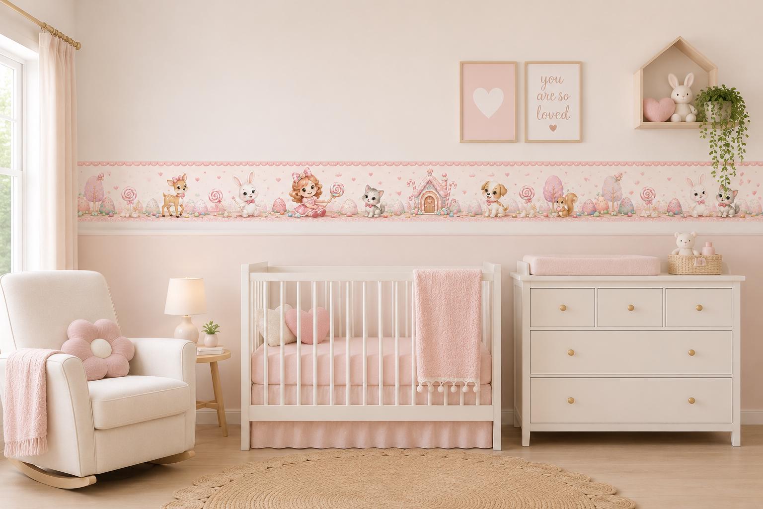 Peel and Stick Candyland Wallpaper Border Sticker, Pink Nursery Animals Candy House Decor