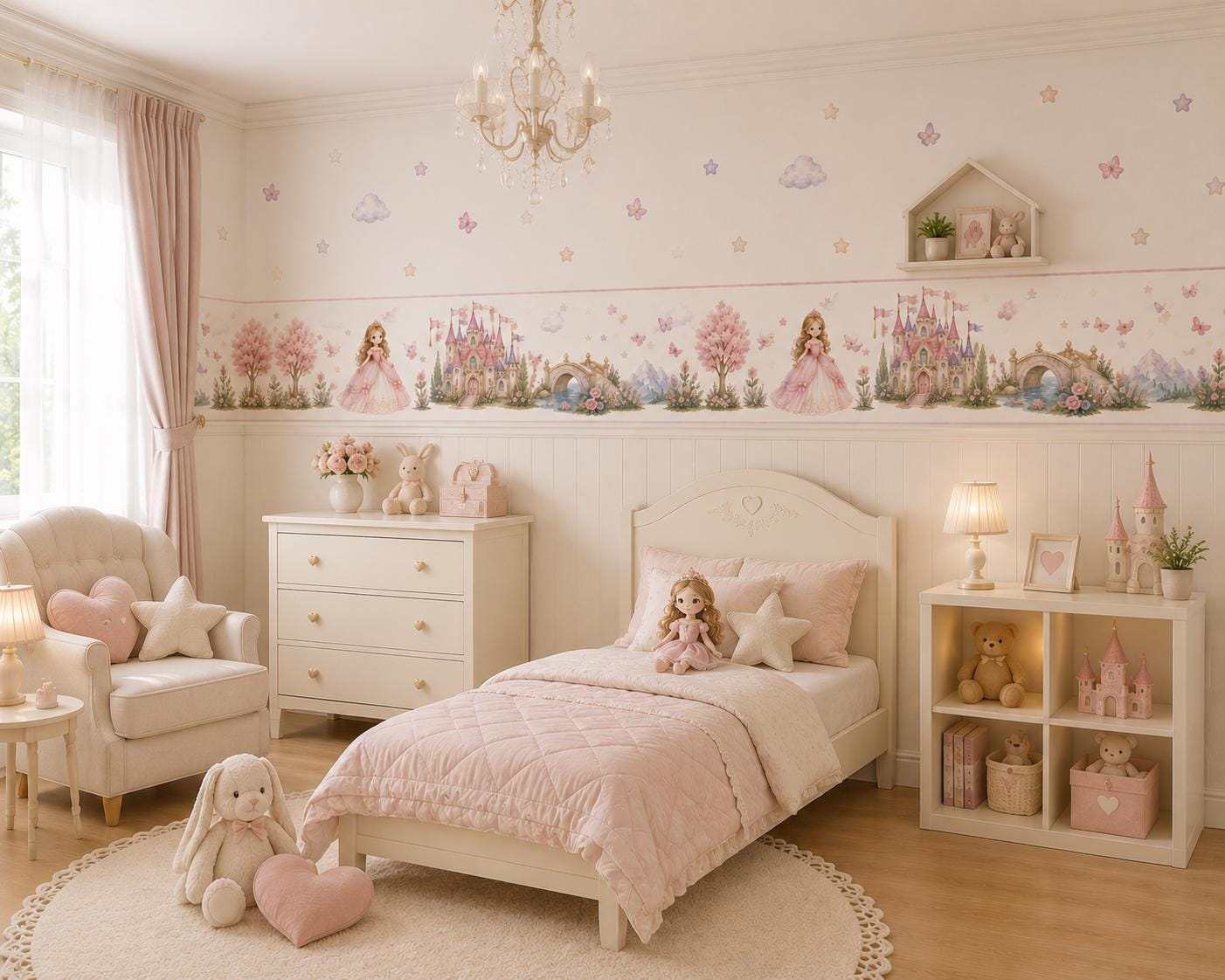 Princess Castle Wallpaper Sticker Border, Fairytale Pink Nursery Wall Decal