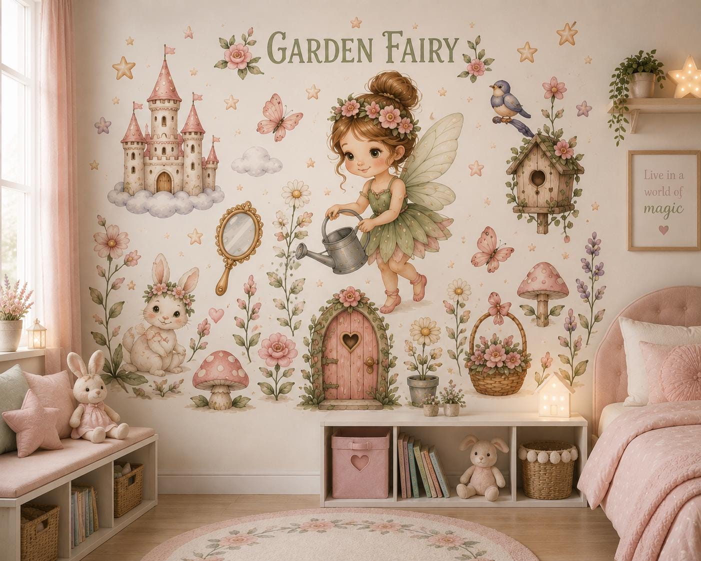 Fairy Garden Wall Decals Sticker Set, Whimsical Watercolor Nursery Stickers (Peel and Stick)
