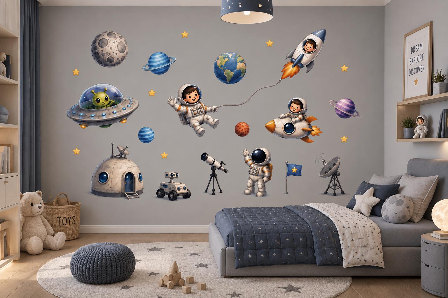 Space Wall Decals, Astronaut Rocket Nursery Stickers, Kids Bedroom Peel Stick