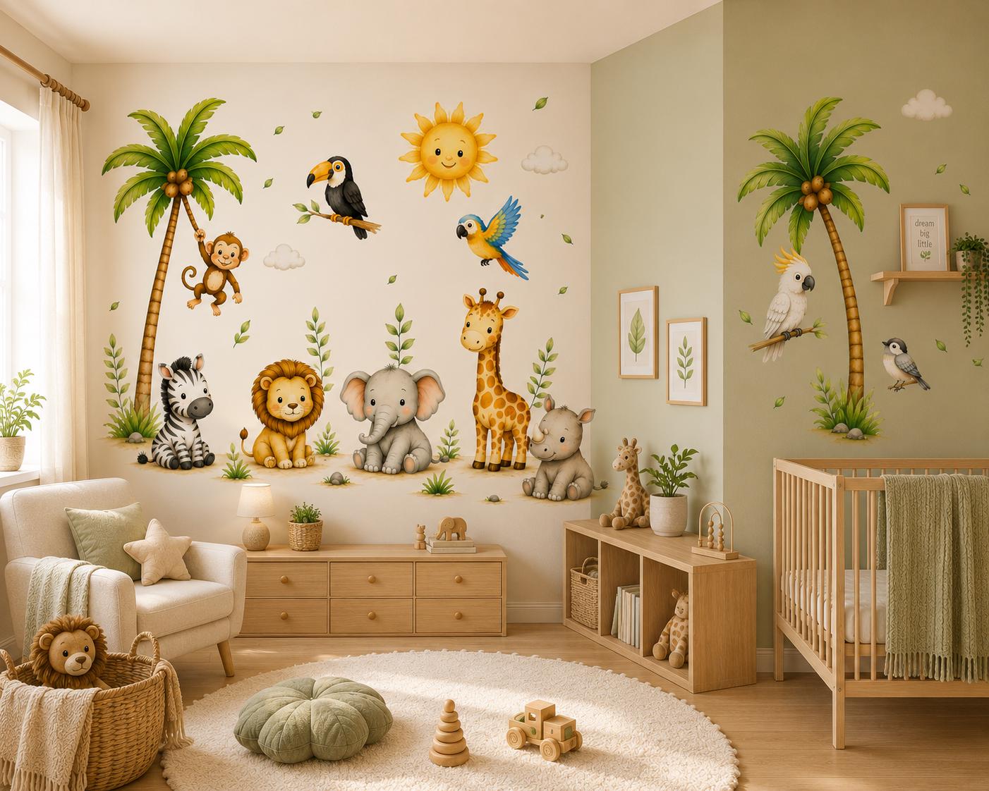 Watercolor Safari Jungle Animals Wall Stickers for Nursery – Neutral Baby Room Decor