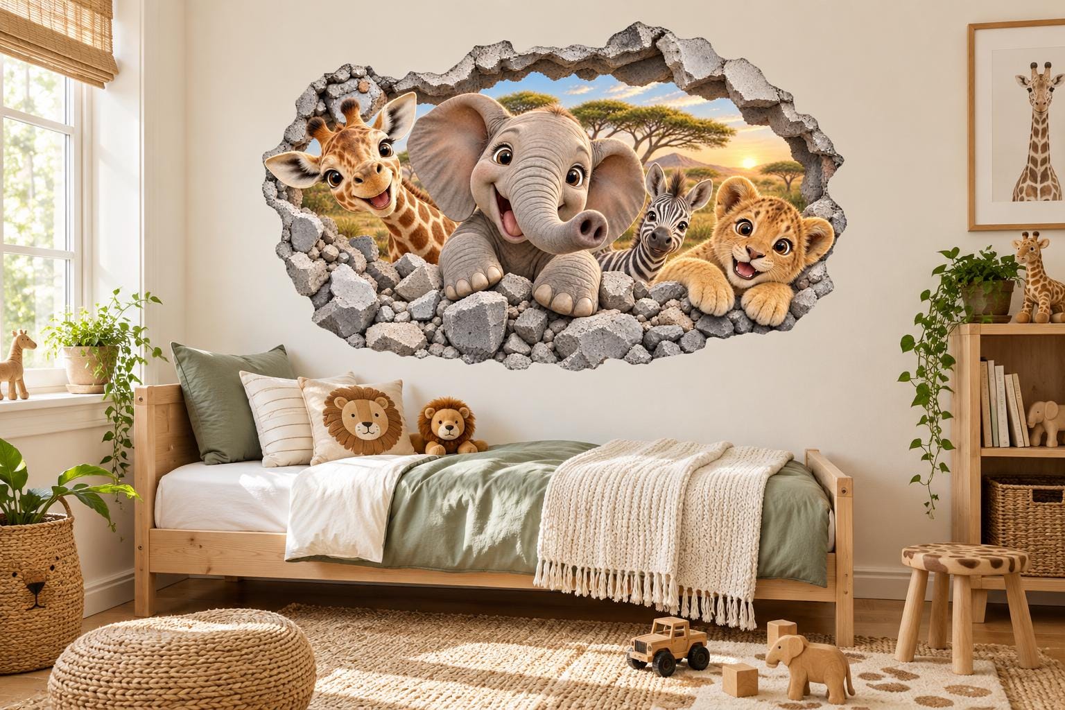 3D Look Safari Animals Wall Decal, Elephant, Giraffe, Zebra & Lion Cub Nursery Wall Sticker