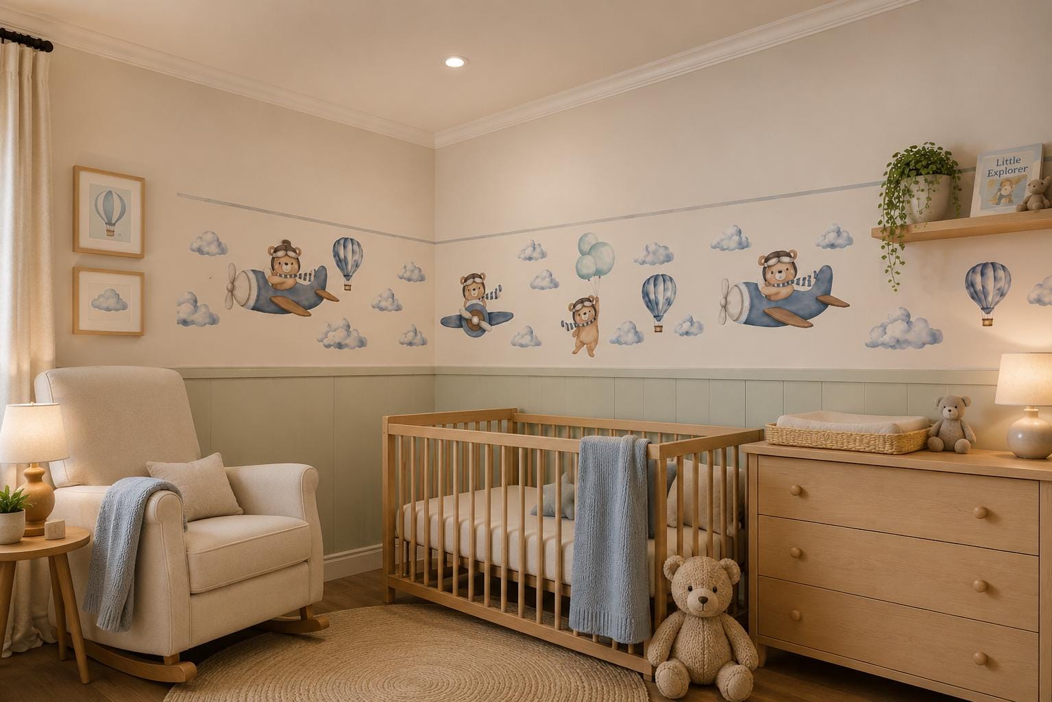 Aviator Bear Wall Border, Sticker Watercolor Airplanes, Peel and Stick Nursery Decor