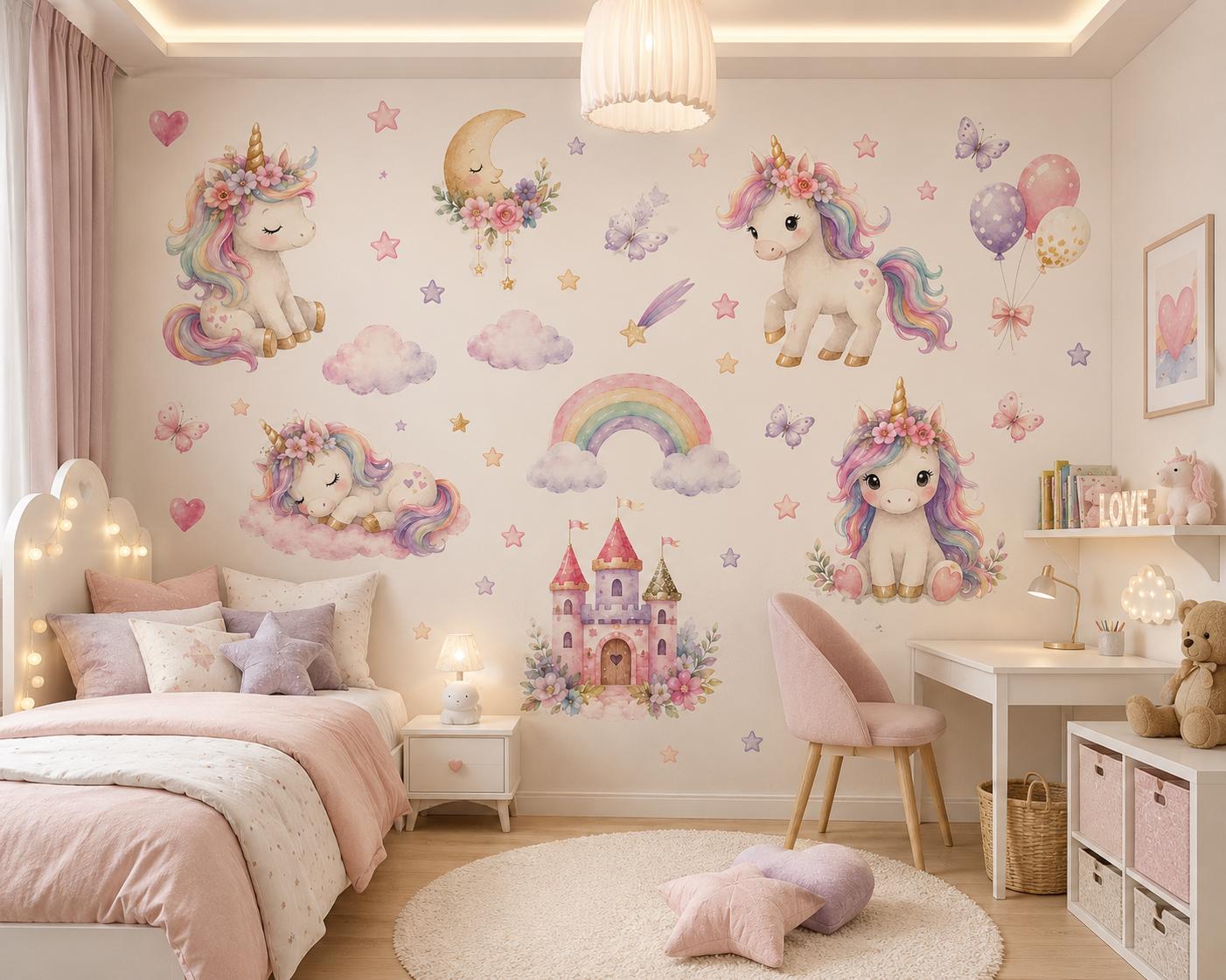 Pastel Unicorn Wall Decal Set – Dreamy Girls Nursery & Princess Room Decor