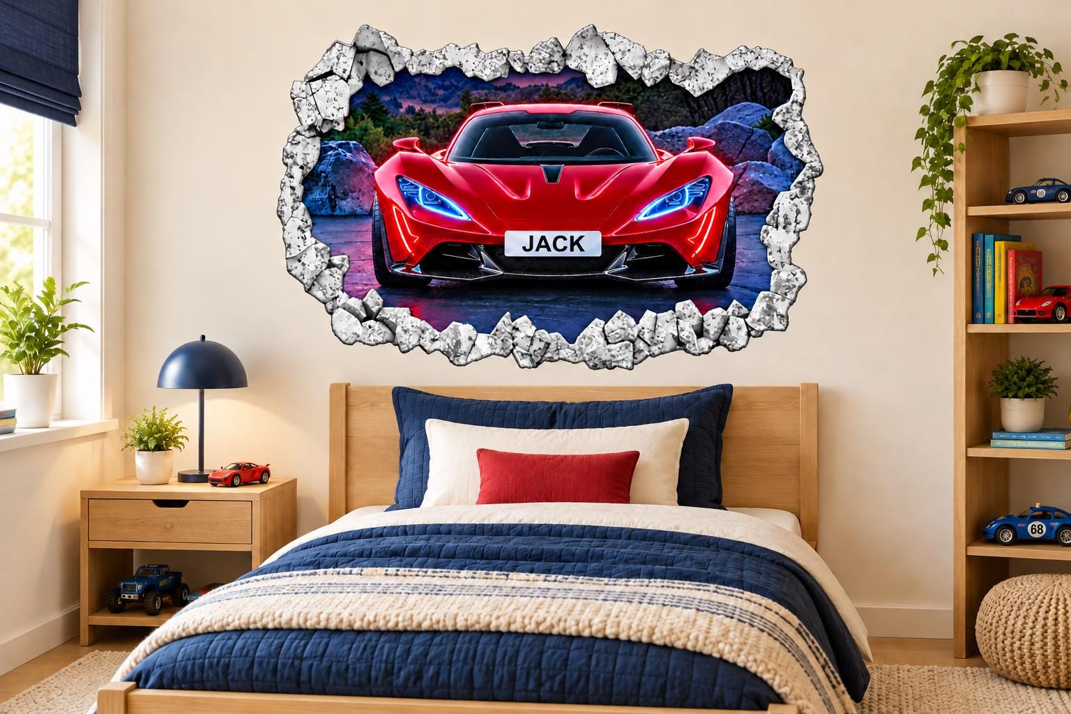 Red Sports Car 3D Wall Decal, Personalized Name License Plate (Vinyl Sticker)