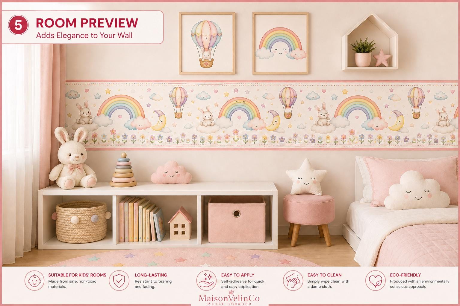 Pastel Rainbow Bunny Nursery Wall Border, Hot Air Balloon Decor (Peel and Stick)