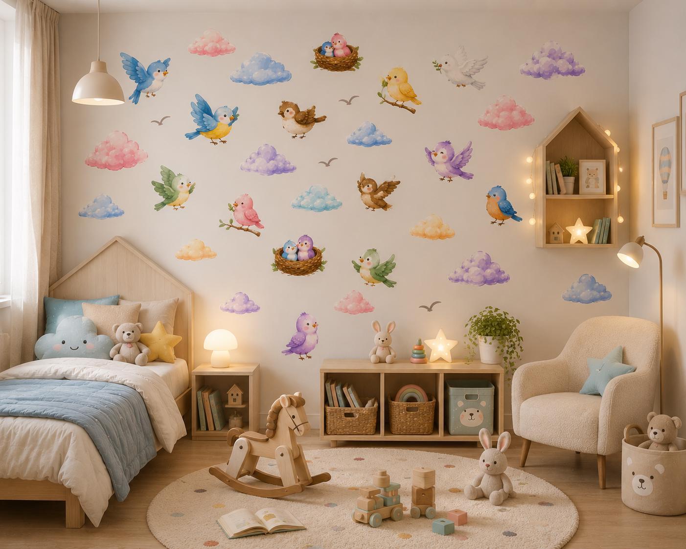 Watercolor Birds Clouds Nursery Wall Decals – Pastel Baby Room Stickers (Peel and Stick)