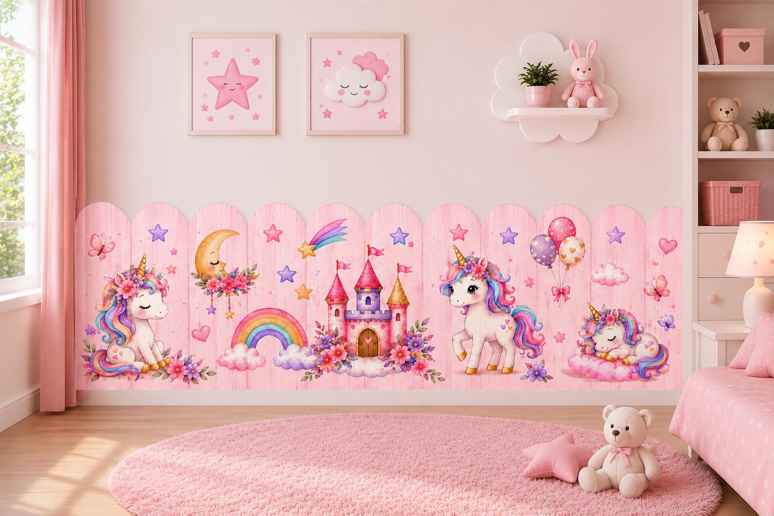 Unicorn Castle Rainbow Wall Mural, Wooden Fence Effect Peel and Stick Wallpaper (Kids Room)