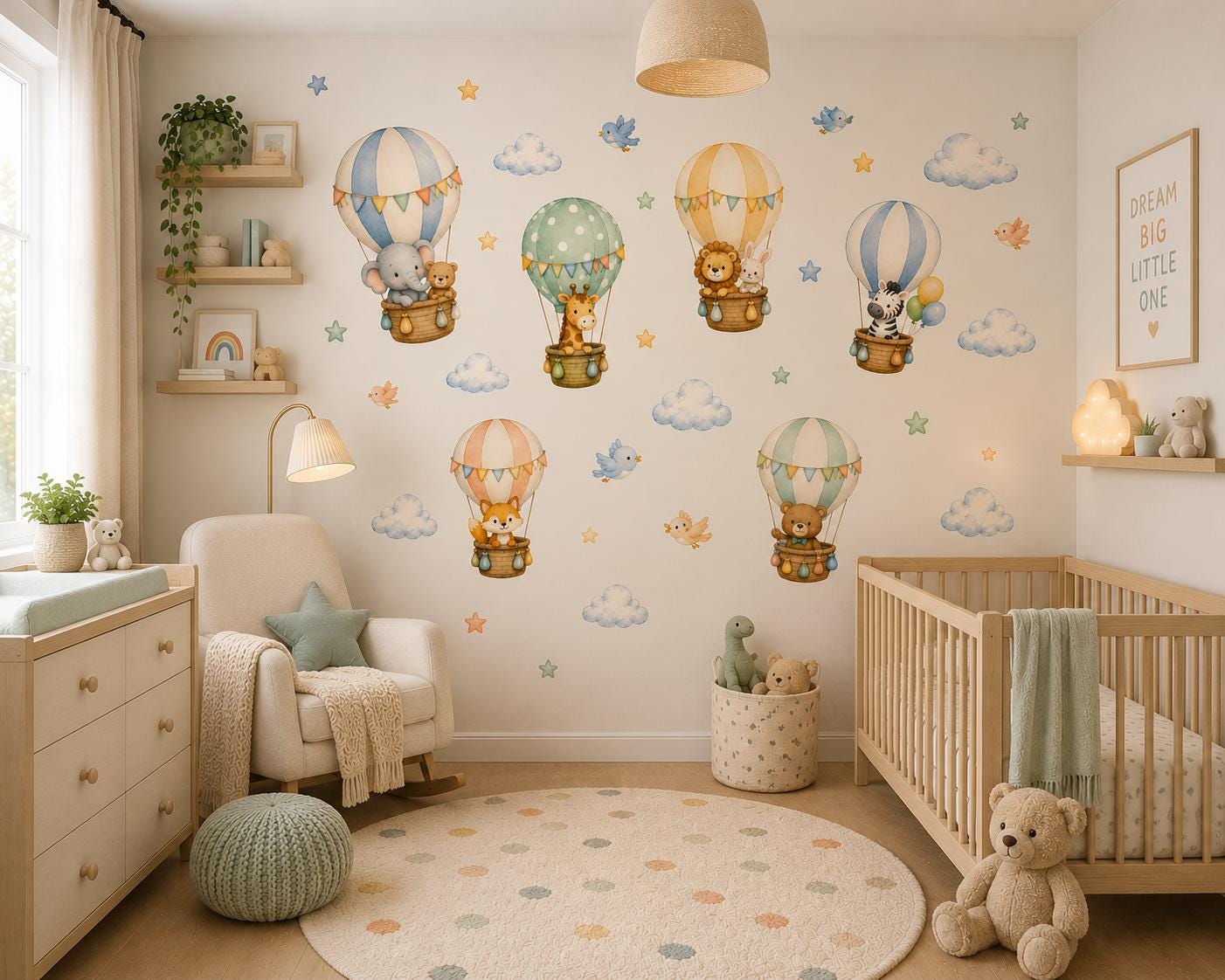 Watercolor Hot Air Balloon Nursery Wall Decals: Animals, Clouds, Stars – Dreamy Adventure Decor