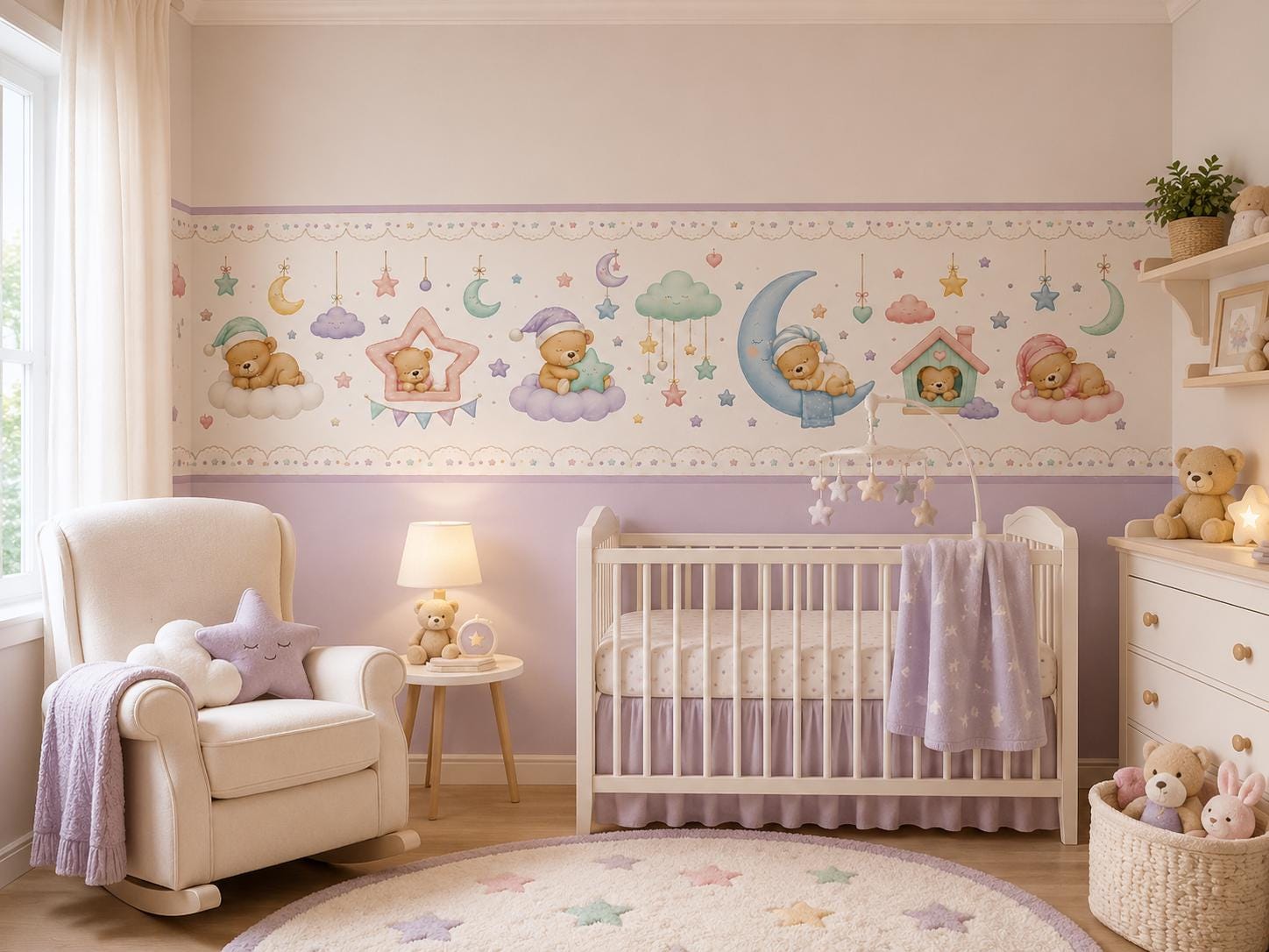 Sleeping Teddy Bear Sticker & Moon Wallpaper Border