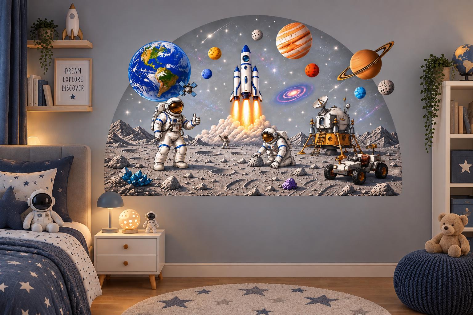 Space Wall Decal, Astronaut, Rocket, Planets, Galaxy Nursery Decor (Peel & Stick)
