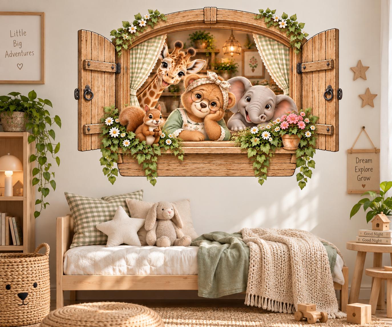 3D Look Safari Window Wall Decal, Giraffe, Bear & Elephant Nursery Wall Sticker
