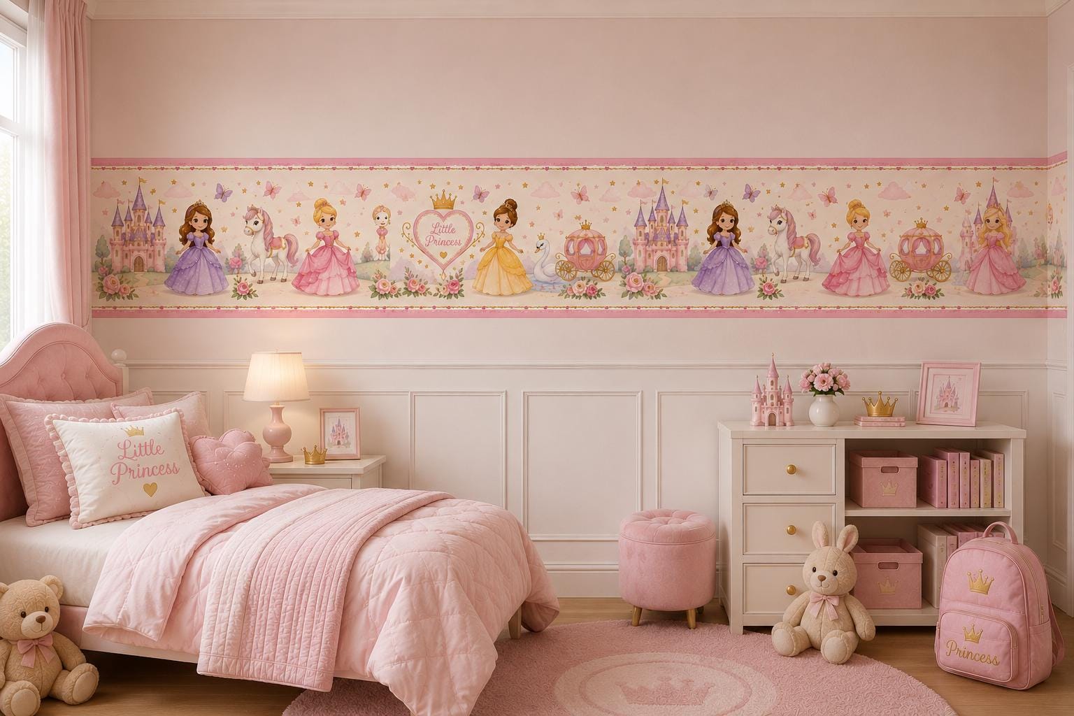 Princess Castle Unicorn Wallpaper Sticker Border, Pink Fairytale Girls Room Decor