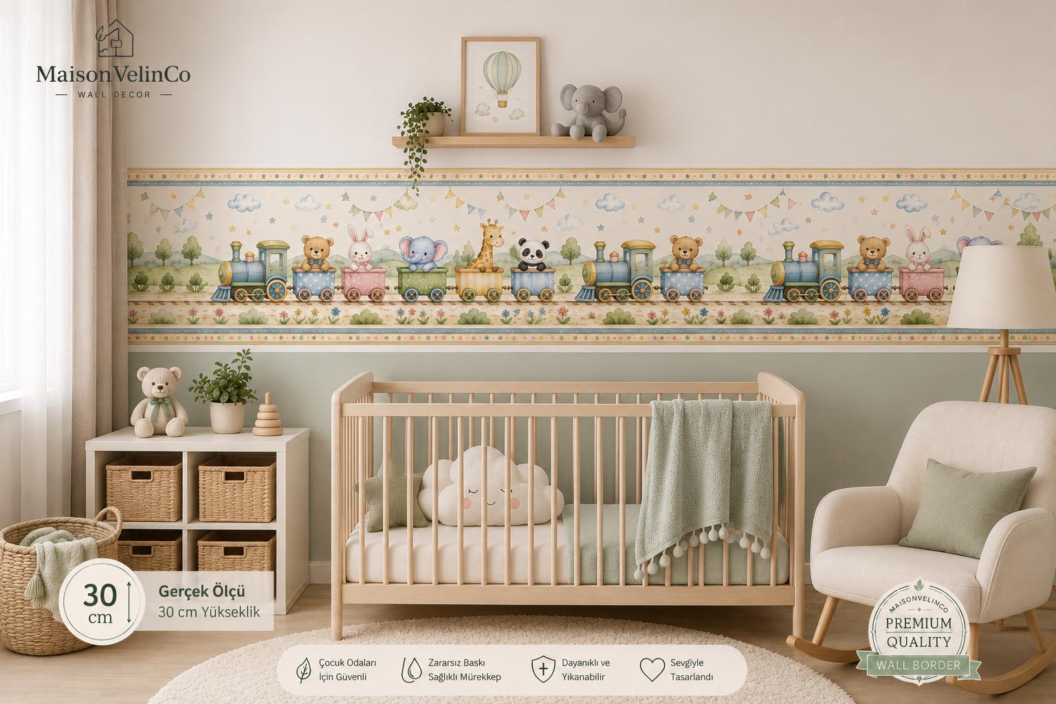 Watercolor Animal Train Wall Border, Kids Room Peel and Stick Wallpaper