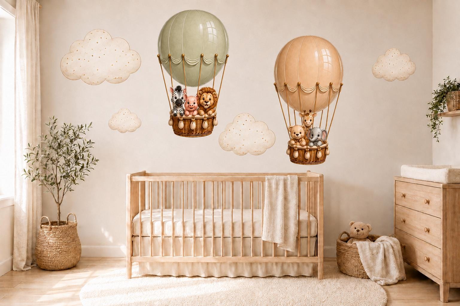 Safari Animals Hot Air Balloon Wall Decals, Watercolor Nursery Stickers, Baby Room Decor