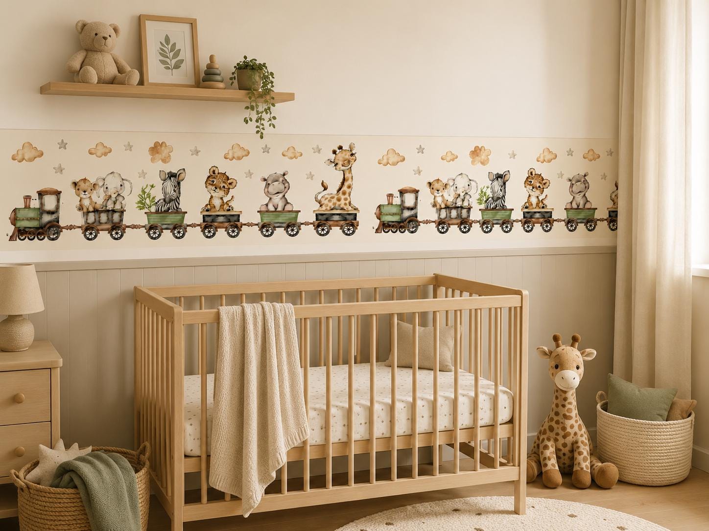 Safari Animal Train Wall Border Sticker, Watercolor Jungle Nursery Decor (Peel and Stick)