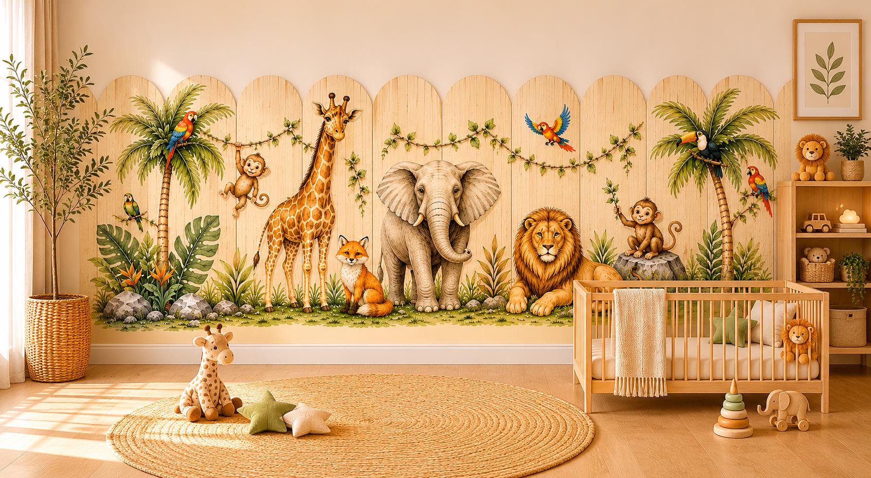 Safari Animals Wooden Fence Effect Wall Mural (Peel and Stick Wallpaper)