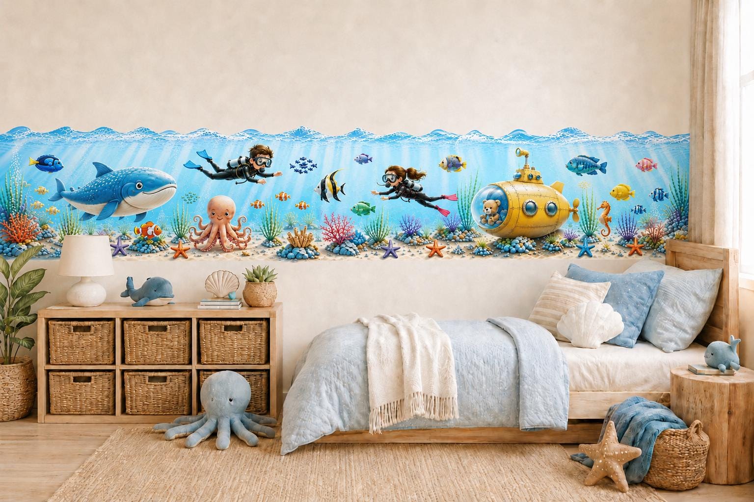 Ocean Animals Wall Border, Peel and Stick Kids Room Decor, 30 cm Wide Sticker