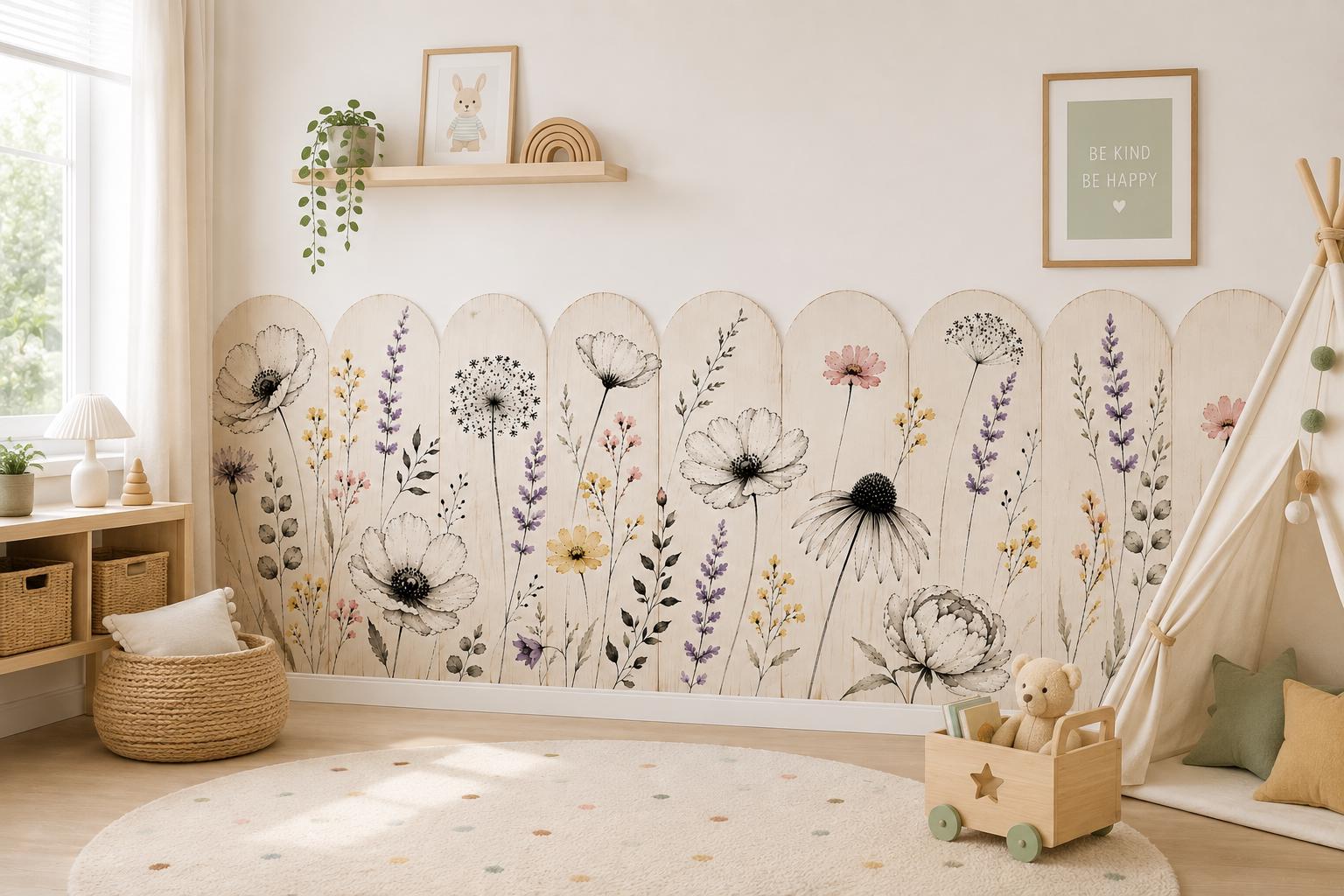 Wildflower Fence Wall Decal, Botanical Nursery Border, Peel & Stick Kids Room Decor