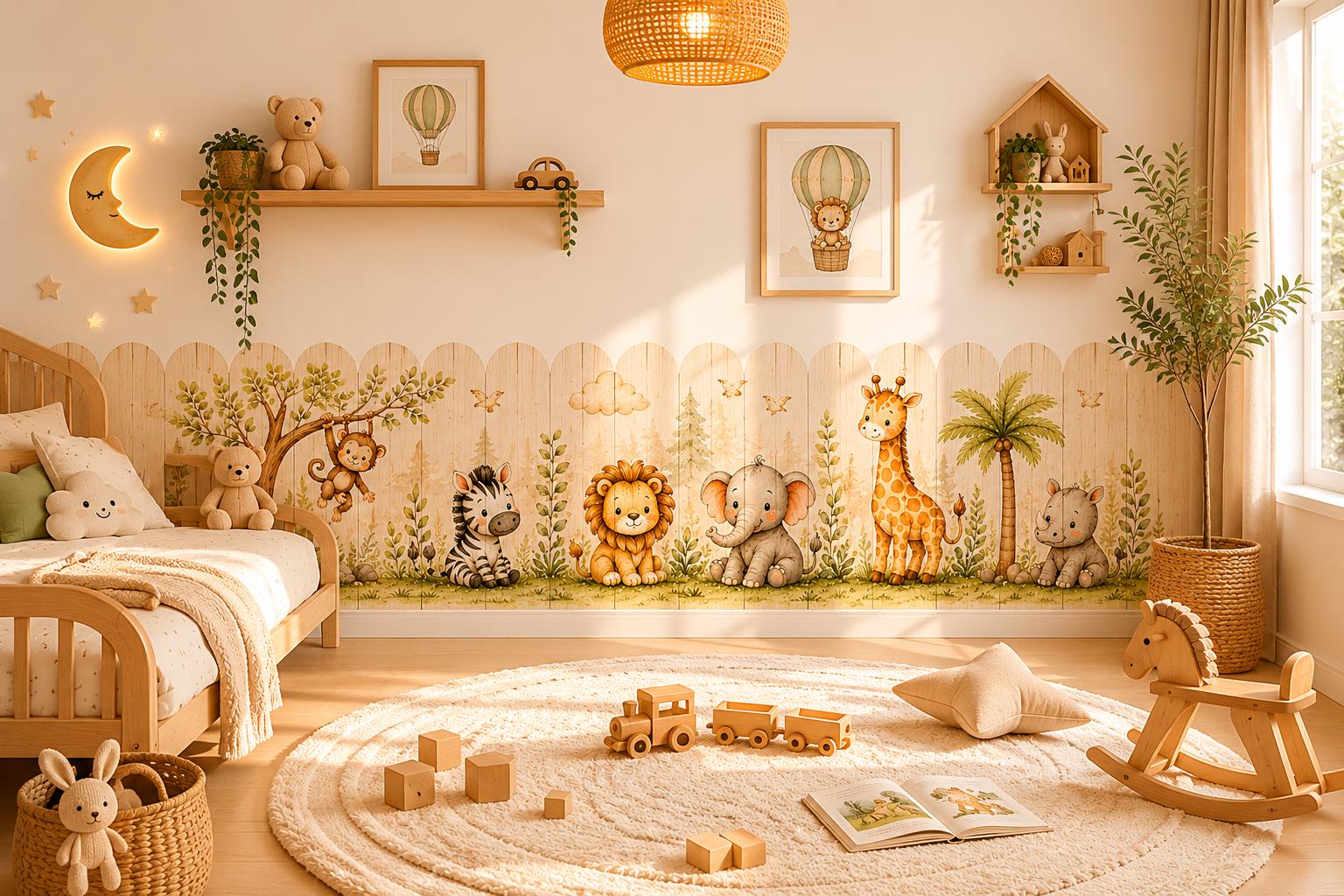 Safari Animals Wooden Fence Wall Mural, Kids Nursery Peel-and-Stick Wallpaper