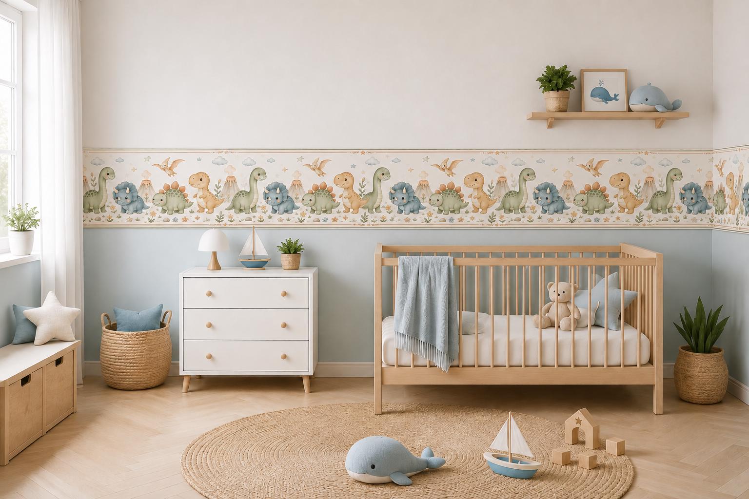 Dinosaur Peel and Stick Wallpaper Sticker Border, Watercolour Nursery Decor (Self Adhesive)