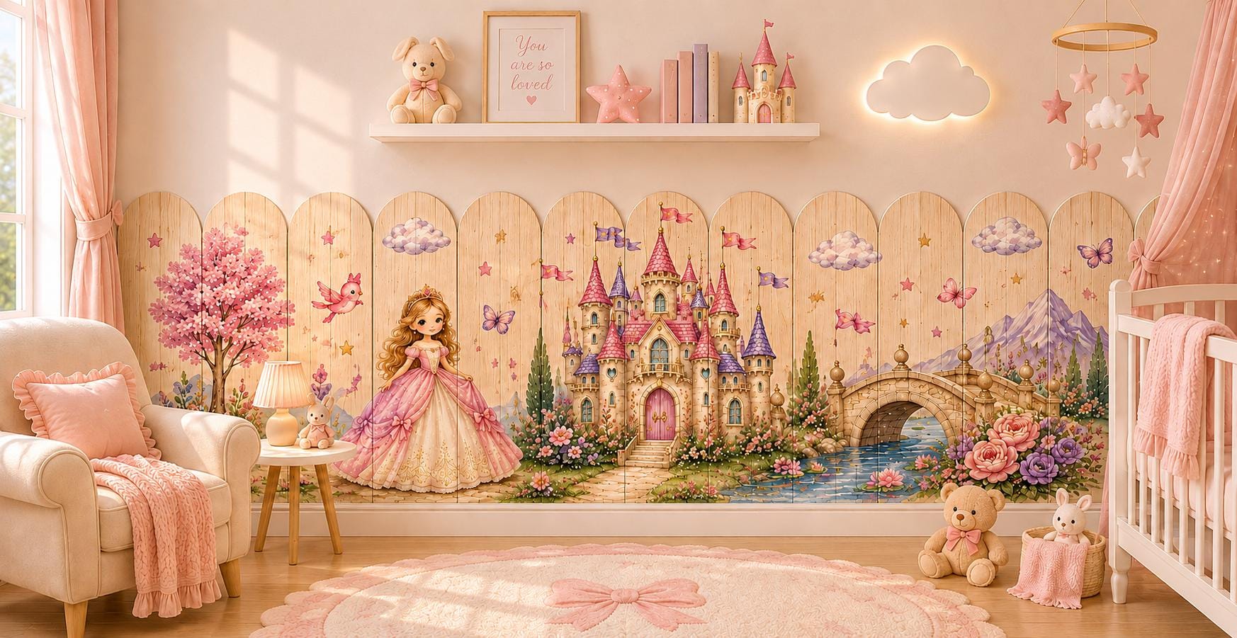 Fairytale Princess Castle Wall Mural, Wooden Fence Effect, Peel and Stick Wallpaper (Nursery)