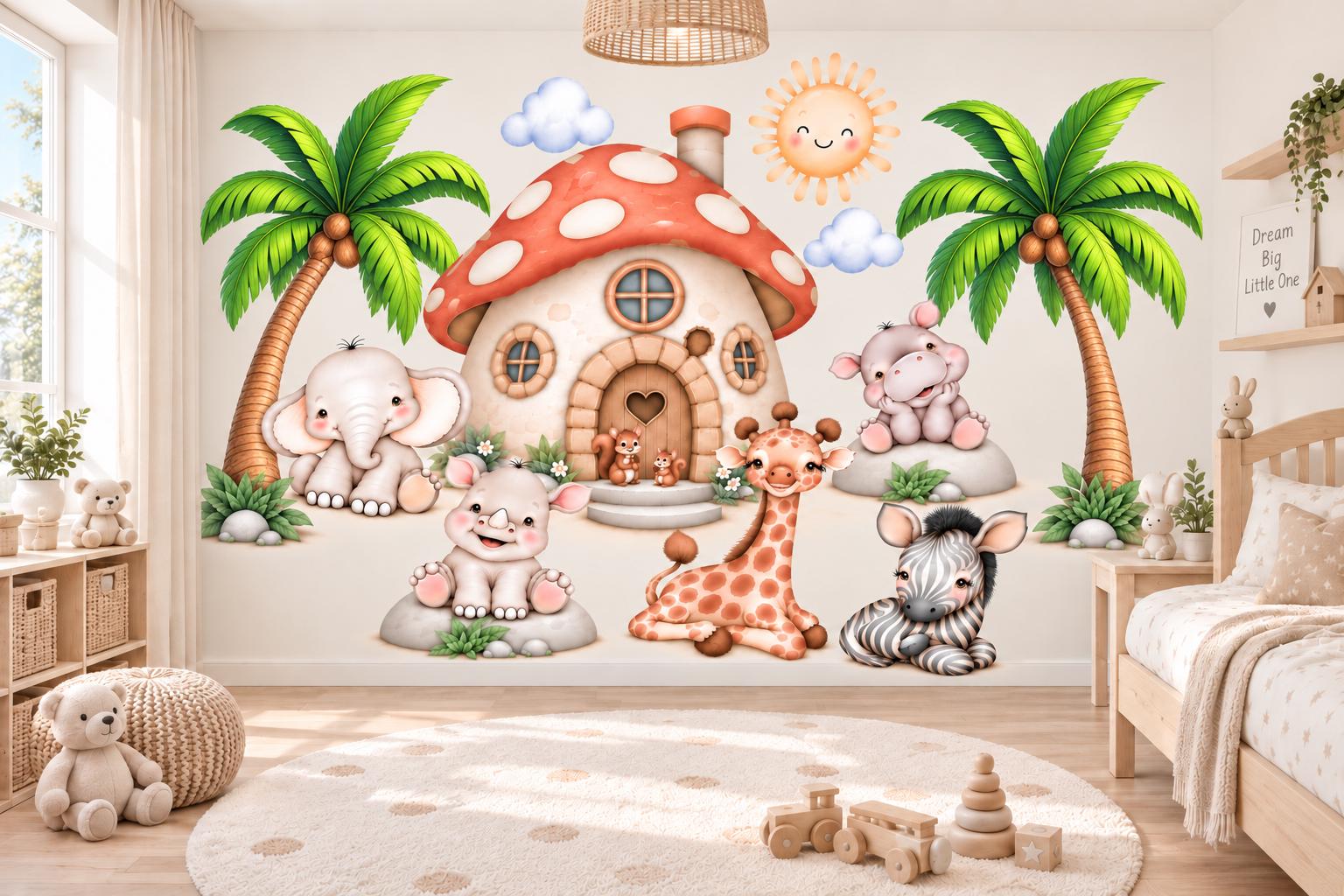 Safari Jungle Wall Decals, Mushroom House, Palm Trees, Animals (160cm Wide)