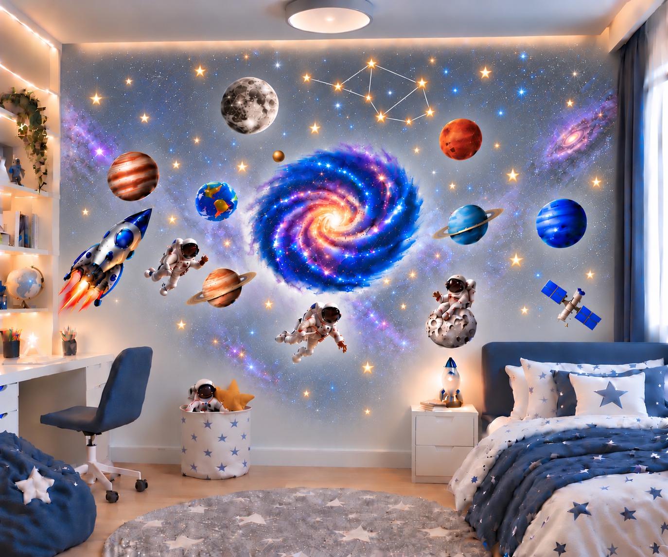 Space Wall Stickers, Astronauts, Planets, Rockets, Stars (Peel & Stick)