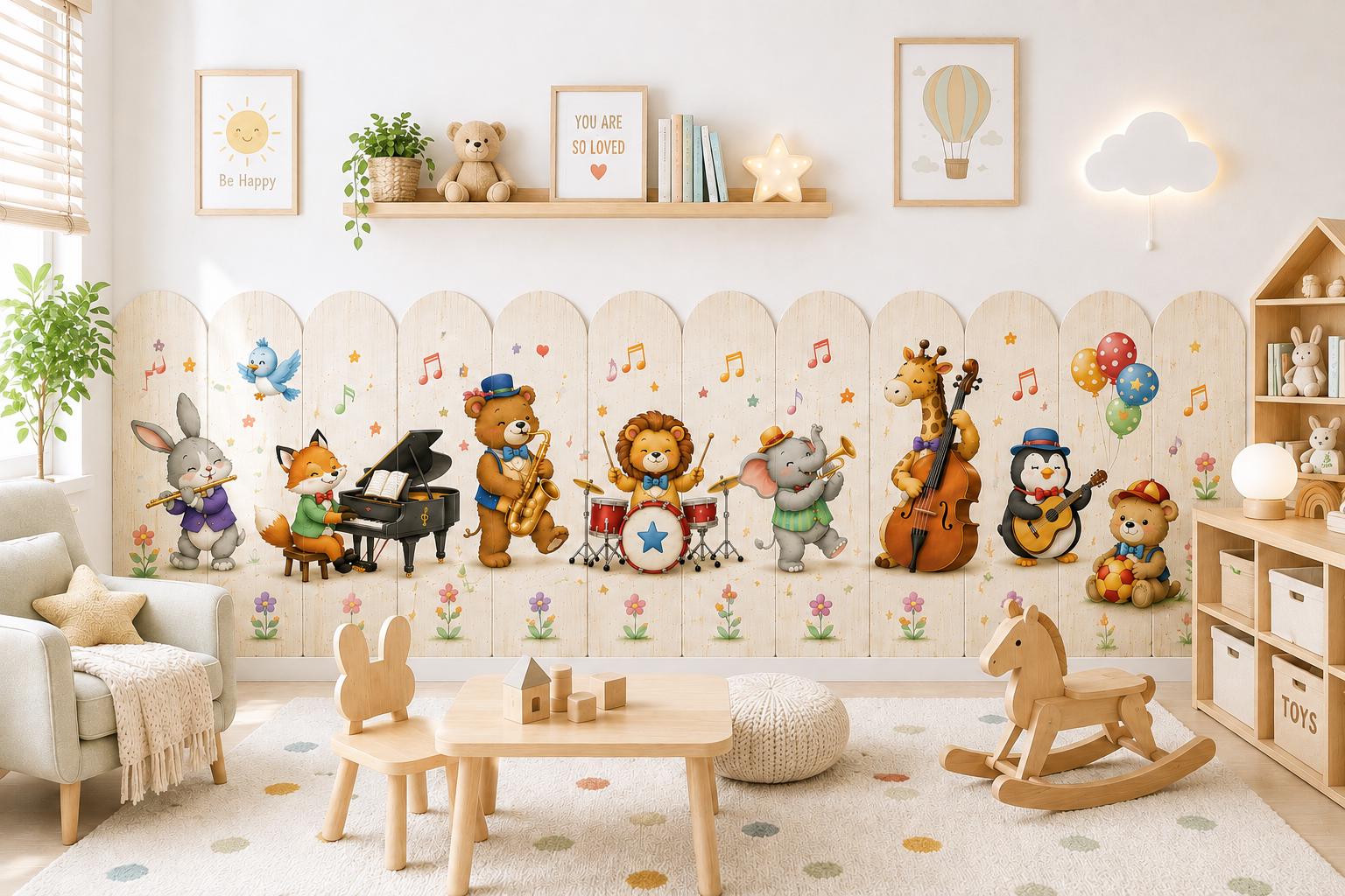 Musical Animals Wooden Fence Effect Wall Mural, Kids Nursery Peel-and-Stick Wallpaper Sticker