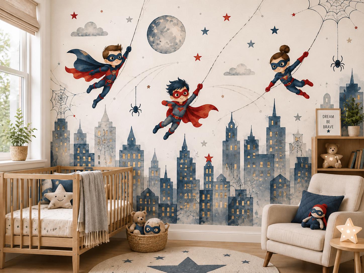 Watercolor Superhero City Skyline Wall Decals, Kids Room Peel and Stick Stickers
