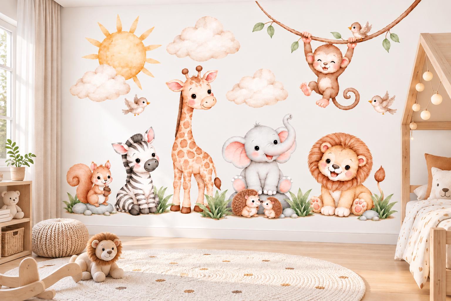 Watercolor Safari Animals Wall Decal, Nursery Mural, Lion Elephant (Peel & Stick)