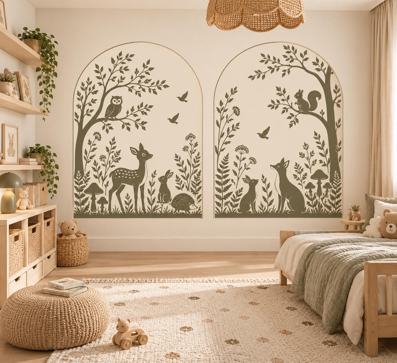 Woodland Arch Wall Decals, Forest Animal Peel and Stick Set, Deer and Fox Nursery Decor, Neutral Kids Room Wall Stickers