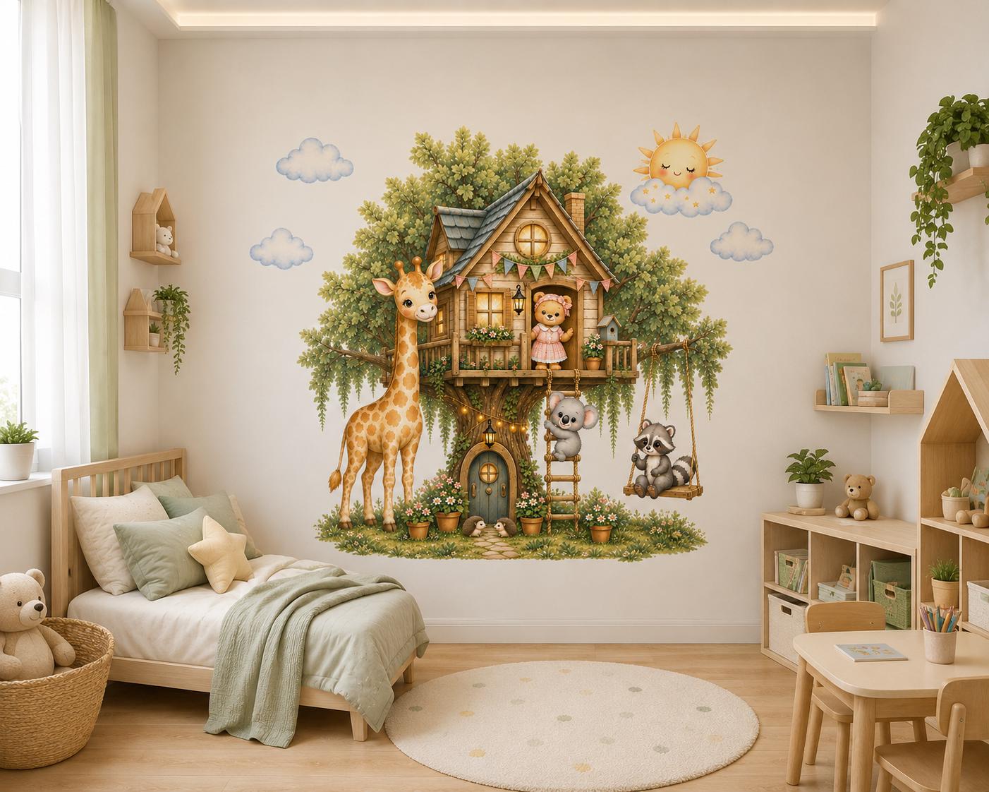 Treehouse Animals Nursery Wall Decal, Peel and Stick Woodland Wall Sticker