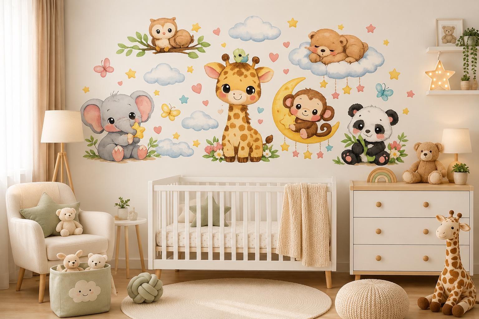 Safari Nursery Wall Sticker Set, Watercolor Jungle Animals, Peel and Stick Kids Room Decor