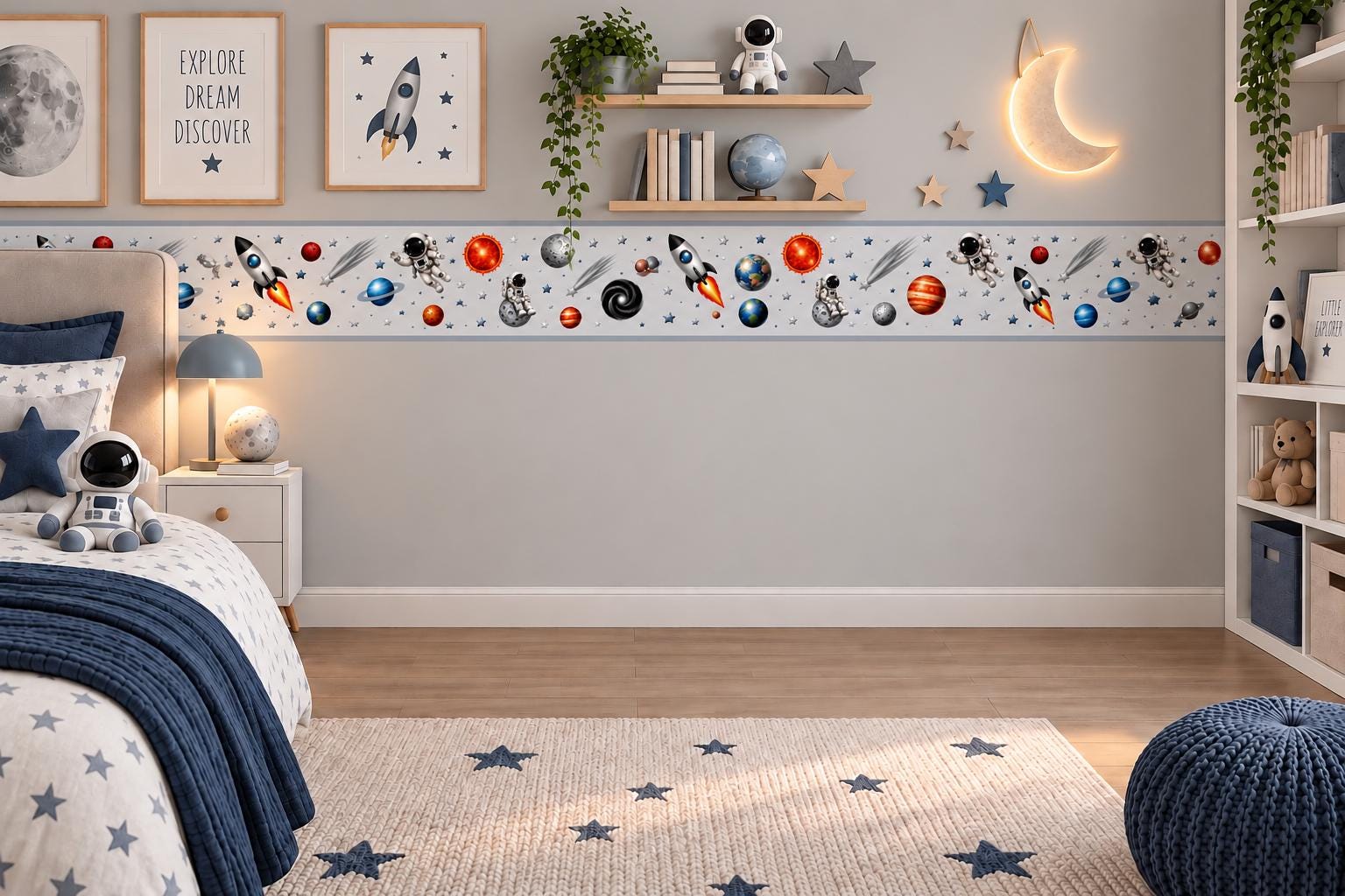 Space Wall Border, Astronaut Rocket Planet Wallpaper, Peel and Stick Nursery Decor