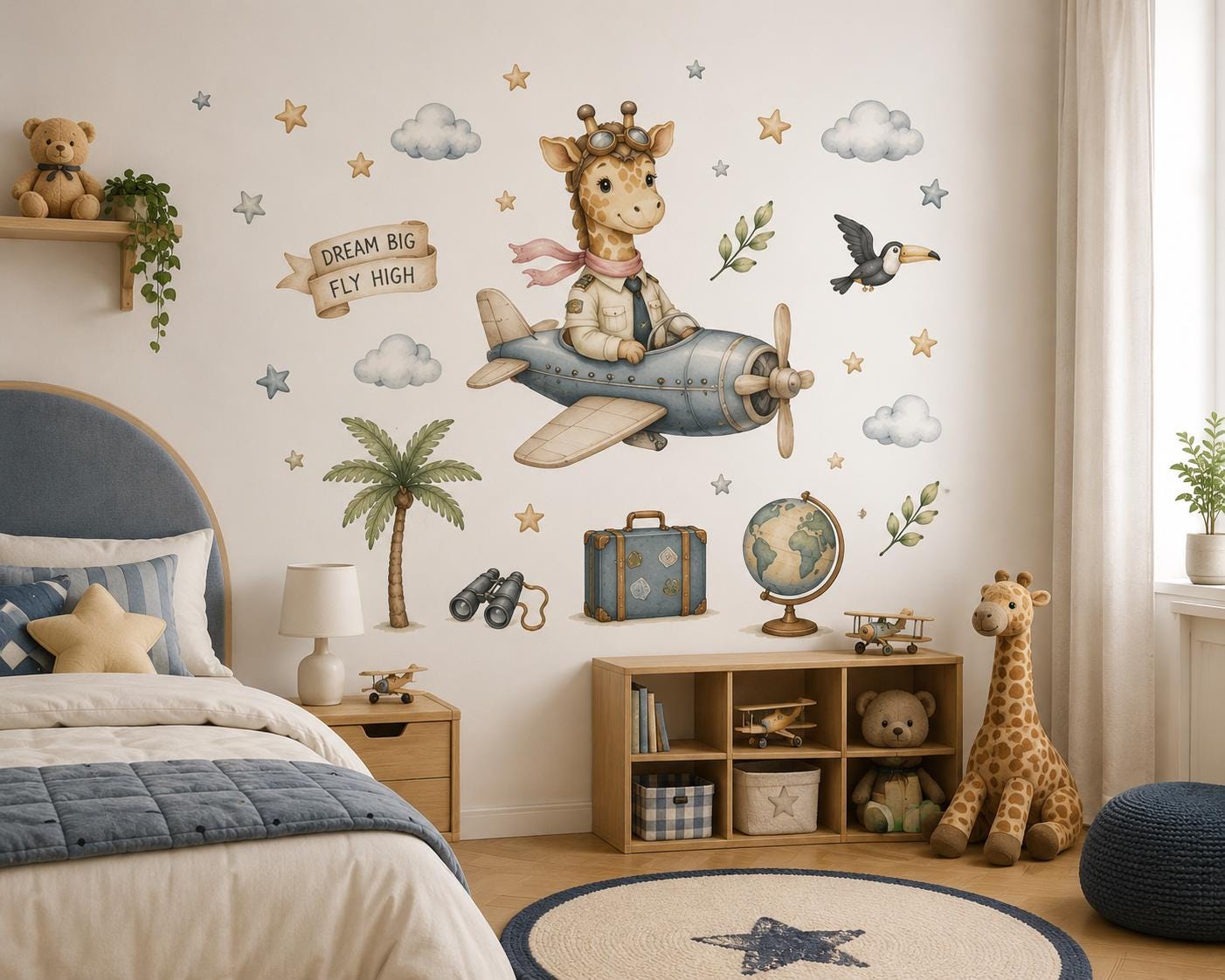 Pilot Giraffe Airplane Wall Decal, Watercolor Adventure Nursery Sticker
